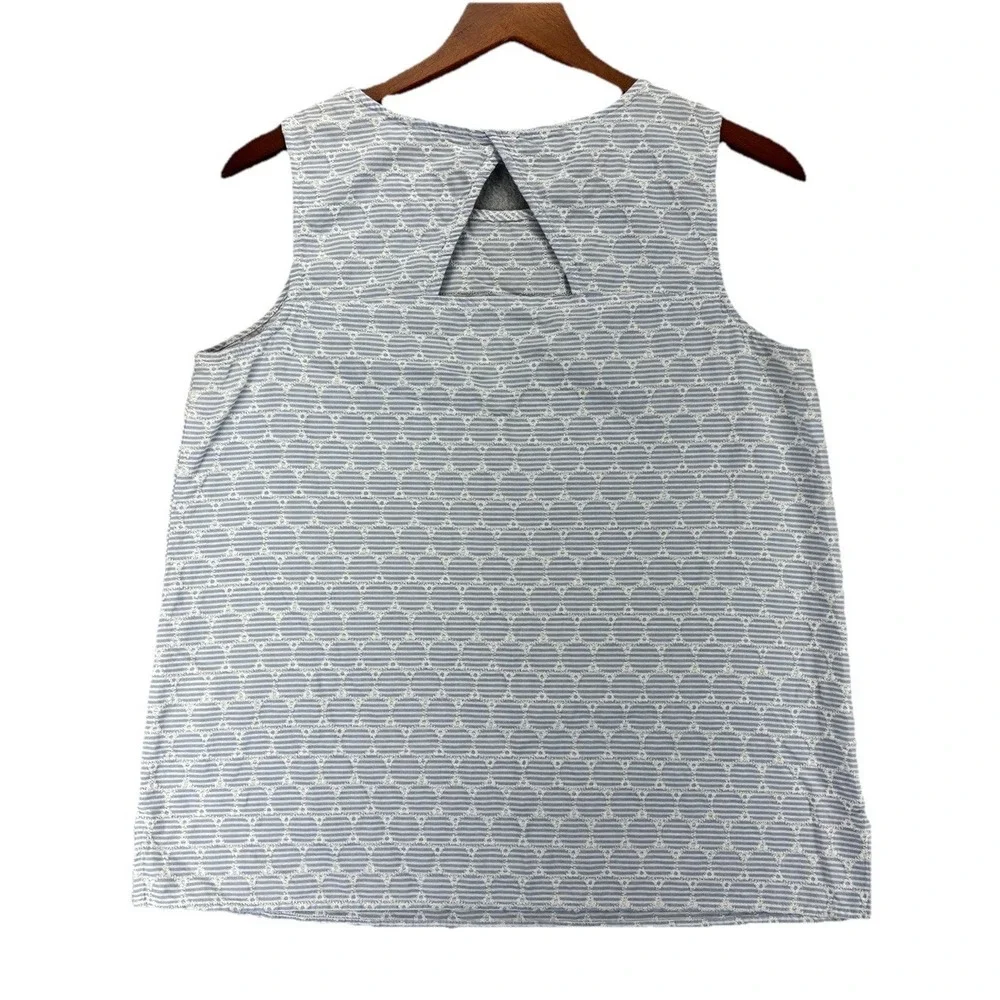Talbots Medium Blue White Embroidered Stripe Sleeveless Tank Top Keyhole Cotton - Picture 7 of 10